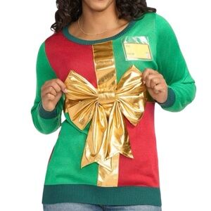 Tipsy Elves Women’s Festive Green and Red Christmas Sweater w/ Gold Bow Size XS